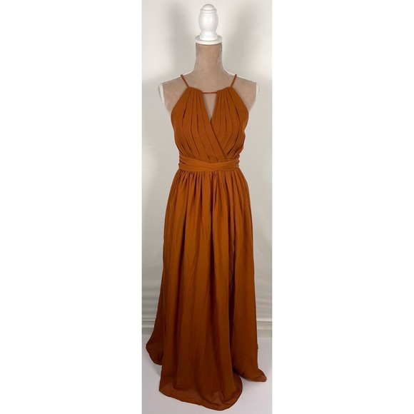 SOLD High Neck Chiffon Long Bridesmaid Dress Burnt Orange Chiffon Waist Tie - Picture 11 of 12